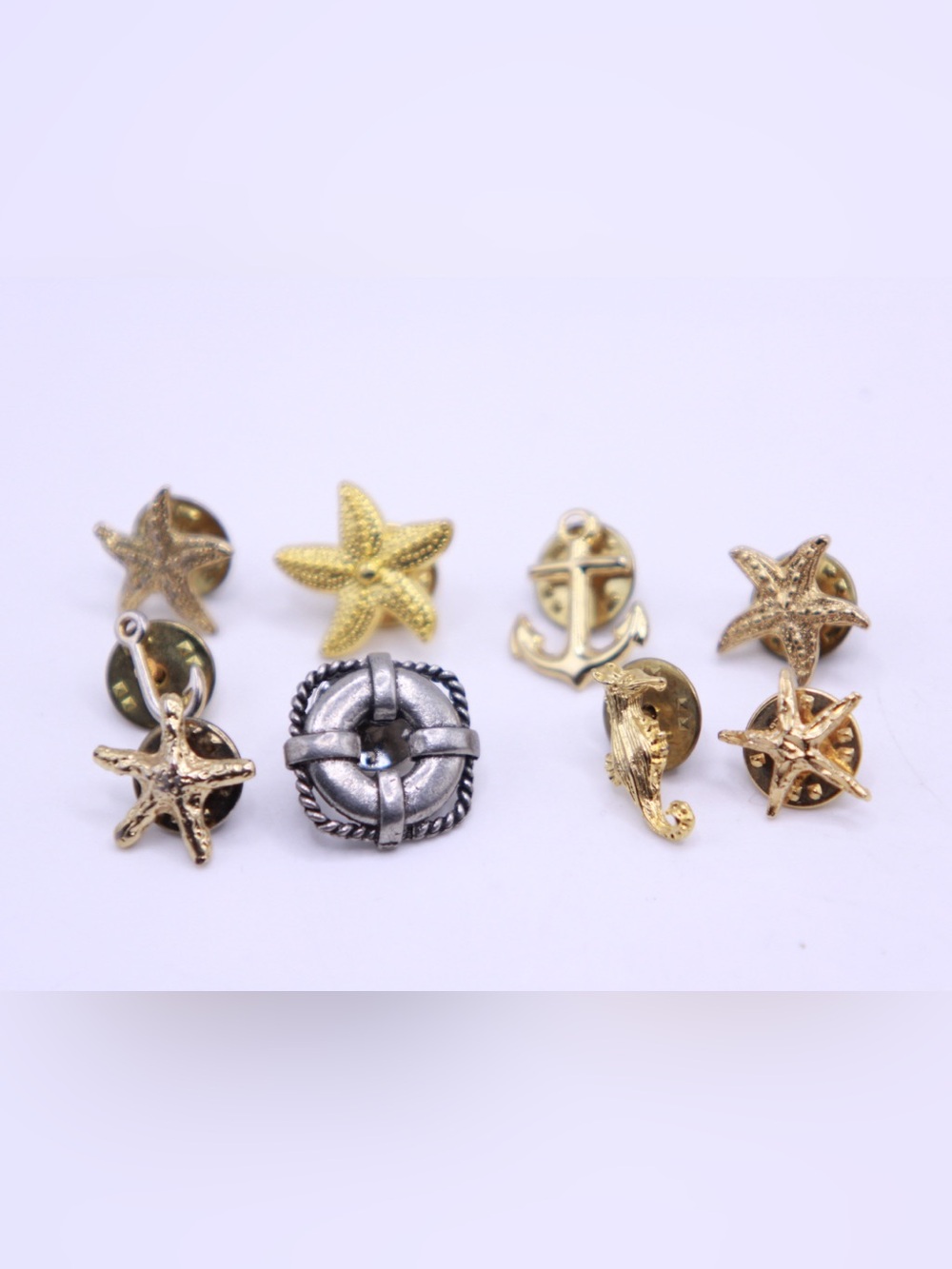 Nautical Charm Lapel Pin Set - Gold & Silver tone Anchors, Starfish, Seahorse